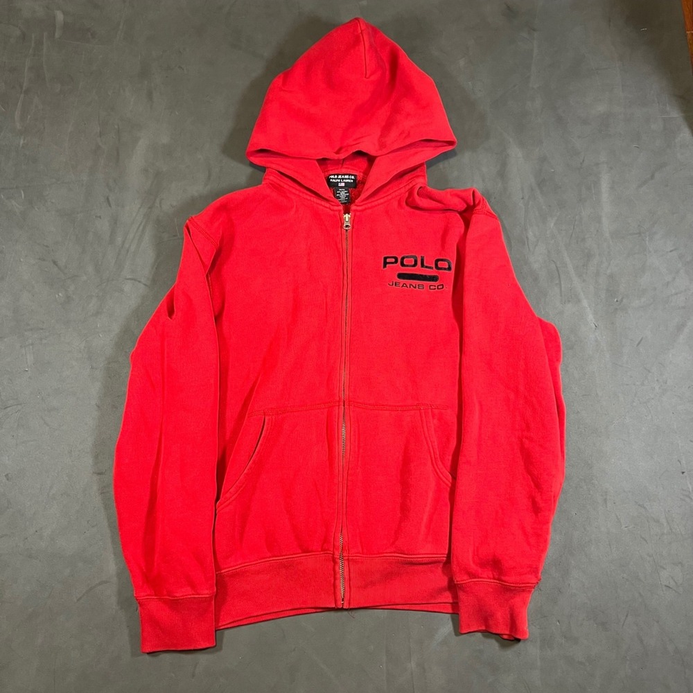 Y2K Polo Jeans Company Full Zip Up Hoodie Mens Medium Red Graphic Fleece
